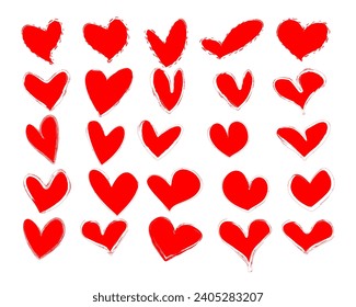 Vector collection of sketches of red hearts, affection, love symbols