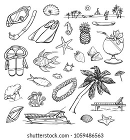 Vector collection of sketching diving, relaxing on the beach. Isolated drawings on white background