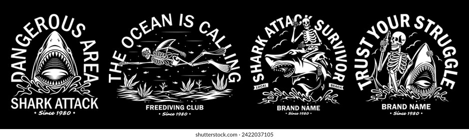 Vector collection of skulls and attacking sharks. For t-shirts, stickers and other similar products.