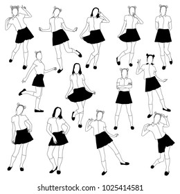 Vector collection of slim silhouettes of cosplay girls in student uniform. Anime girl different poses in white background.
