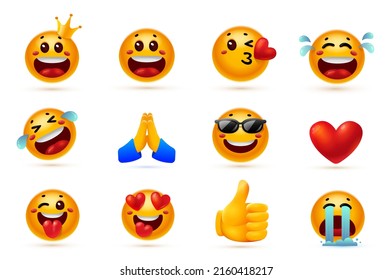 Colección vectorial de pegatinas de sonrisa con corona, lágrima, corazón, gafas de sol y mano. Gran conjunto de ilustraciones de diferentes emoticonos de sonrisa de color amarillo para mensajes de medios sociales. Diseño de estilo 3d