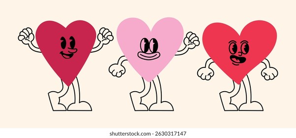 Vector collection of smiling character logos, flat heart icons, line design elements and sticker-style graphics — great for marketing visuals and product labels