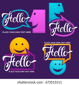 vector collection of smiling, talking, speaking, chatting and communication faces logo, icons, stickers, signs and symbols with hello word