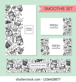 Vector collection with smoohties.  Frame, flyer and business card with graphic smoothie