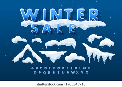 Vektorillustration-Kollektion von Schneekappen, Haufen, Rädern einzeln auf blauem Hintergrund mit Inschrift Winterverkauf. 3D-Alphabet Winterdekorationen, Schneestextur, weiße Elemente, Vektorillustration Schnee im Urlaub.