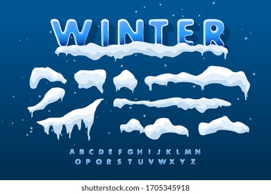 Colección vectorial de capas de nieve, montones, músculos aislados en un fondo azul con la inscripción invierno. Alfabeto 3D Decoración invernal, Navidad, textura de nieve, elementos blancos, nieve vectorial de vacaciones.