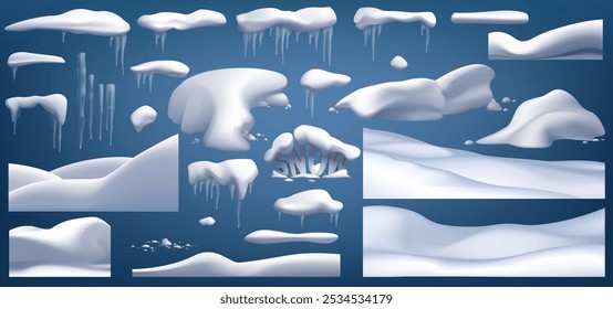 Vector collection of snow caps, icicles, isolated on background, ice, snowball set icon