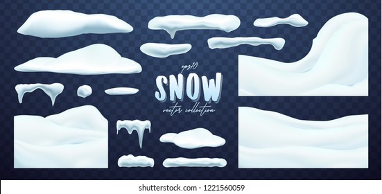 Vector collection of snow caps, pile, icicles, isolated on background, transparent, ice, snowball and snowdrift. 3d Winter decorations, Christmas, snow texture, white elements, holiday vector snow.