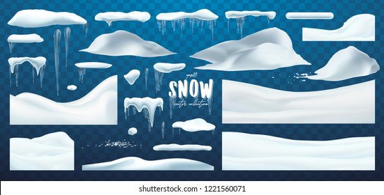 Vector collection of snow caps, pile, icicles, isolated on background, transparent, ice, snowball and snowdrift. 3d Winter decorations, Christmas, snow texture, white elements, holiday vector snow.
