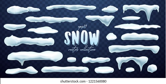 Vector Collection Of Snow Caps, Pile, Icicles, Isolated On Background, Transparent, Ice, Snowball And Snowdrift. 3d Winter Decorations, Christmas, Snow Texture, White Elements, Holiday Vector Snow.