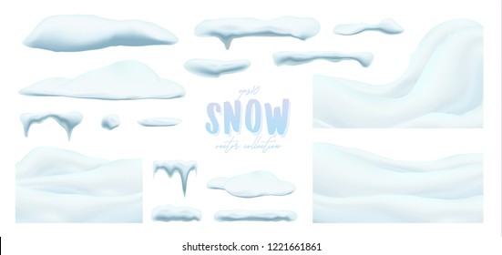 Vector Collection Of Snow Caps, Pile, Icicles, Isolated On Background, Transparent, Ice, Snowball And Snowdrift. 3d Winter Decorations, Christmas, Snow Texture, White Holiday Design, Vector Snow.