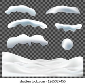 Vector collection of snow caps, pile, icicles, ice, snowball and snowdrift isolated on transparent background. 3d Winter decorations, Christmas, snow texture, white elements, holiday design