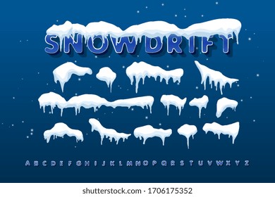 Vector collection of snow caps, pile, icicles isolated on background, transparent, ice, snow and snowdrift. Winter decorations, snow texture, white elements, festive vector snow with winter alphabet.