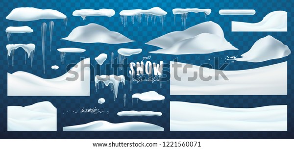 Vector collection of snow caps, pile, icicles,\
isolated on background, transparent, ice, snowball and snowdrift.\
3d Winter decorations, Christmas, snow texture, white elements,\
holiday vector snow.