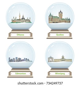 vector collection of snow globes with canadian city skylines