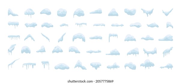 Vector collection of snow piles, drifts, icicles. Elements for decorating snow-covered objects.