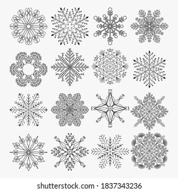 Vector collection of snowflake icons. Black and white abstract icon. Graphic design element. Vector isolate.