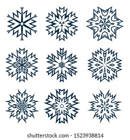 Vector collection of snowflake icons. Dark blue modern ornament. Graphic design element.
