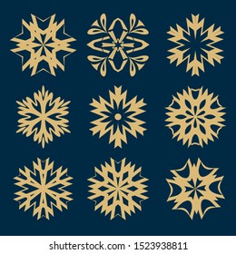 Vector collection of snowflake icons. Gold and dark blue modern ornament. Graphic design element.