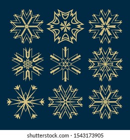 Vector collection of snowflake icons. Gold and dark blue modern ornament. Graphic design element logo, monogram.