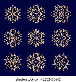 Vector collection of snowflake icons. Gold and dark blue modern ornament. Graphic design element logo, monogram.