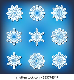 Vector collection of snowflakes, icon on a blue background