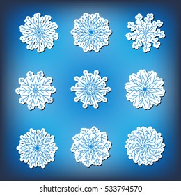 Vector collection of snowflakes, icon on a blue background
