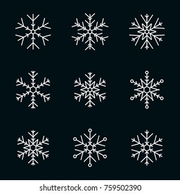 Vector collection of snowflakes, white icon on a black background