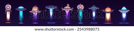 A vector collection of soaring spaceships with a futuristic design, dark background and bright engine lights for games or decorations with a space alien theme.