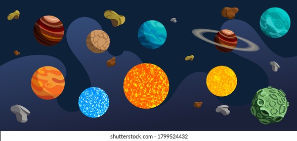 Vector Collection Solar System Planets, Asteroids, Meteor Craters On Cartoon Moon And Stars.