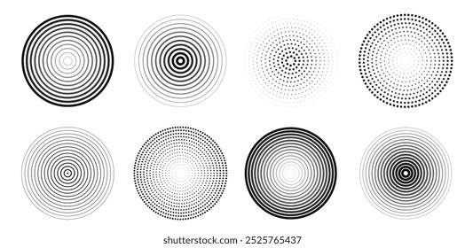 Vector colección de las circunferencias concéntricas de las ondas sonoras en estilo semitono y lineal. Conjunto de ondas de sonar, vibración de señal, icono de radar
