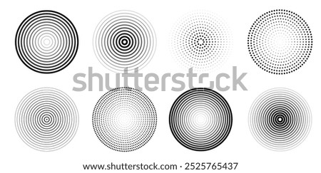 Vector collection of sound wave concentric circles in halftone and linear style. Set of sonar waves, signal vibration, radar icon
