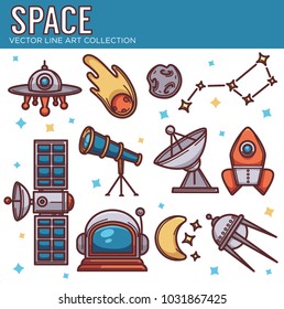 vector collection of space cosmos objects in line art style on white background