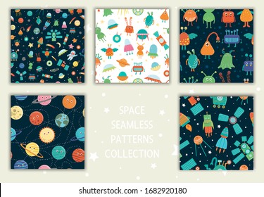 Vector collection of space seamless patterns. Bright and cheerful repeat backgrounds with planets, stars, space technics, aliens, satellite, moon, sun, asteroid, astronaut, UFO