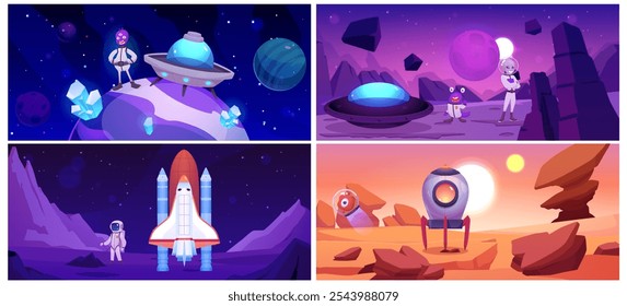 Vector collection of space travel to various planets includes rocky terrain, rockets, ships and aliens in spacesuits. Perfect for space-themed games and decor.