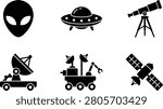 A vector collection of space-themed icons featuring an alien head, flying saucer, telescope, radio telescope, planetary rover, and satellite in solid black silhouette style on a white background. Ideal for astronomy, science education, space exploration, STEM materials, websites, presentations, mobile apps, and infographic design.