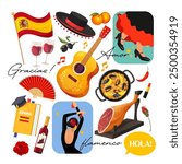 Vector collection with Spanish symbols includes national food, flag, flamenco dance girls, guitar, sangria.