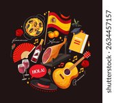 Vector collection with Spanish symbols includes national food, flag, guitar, sangria wine, sombrero and etc. in circle shape isolated on dark red background.
