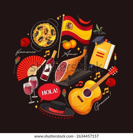 Vector collection with Spanish symbols includes national food, flag, guitar, sangria wine, sombrero and etc. in circle shape isolated on dark red background.