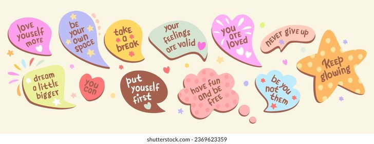 Vector collection of speech bubbles with affirmation. Self love and compliment phrases.