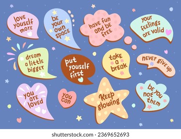 Vector collection of speech bubbles with affirmation. Self love and compliment phrases.