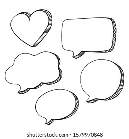Vector collection of speech bubbles. Vector chat. Hand drawn heart frame, rectangle frame, round frame, oval frame.
