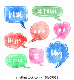 Vector collection of speech bubbles with phrases Blog, Blogger. Hand drawn watercolor blog label with hashtag. Social media icons set.