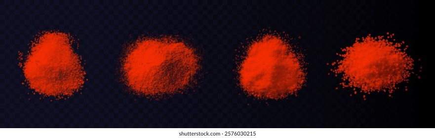 vector collection of spicy paprika textures: fine powder, coarse flakes, and scattered piles. High-quality on black background, ideal for culinary, design, or food-related projects. Bold and vibrant.