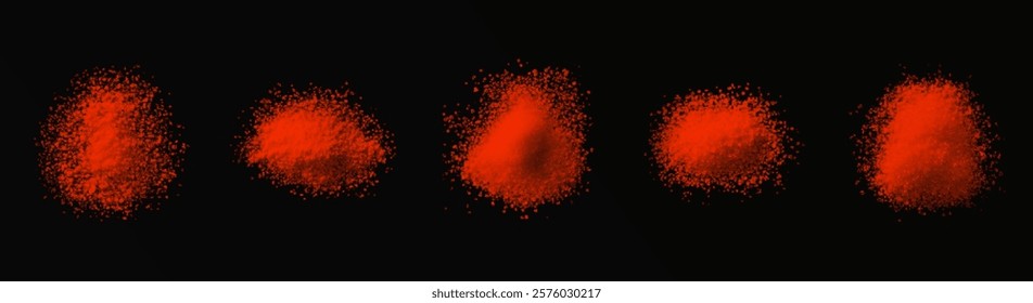 vector collection of spicy paprika textures: fine powder, coarse flakes, and scattered piles. High-quality on black background, ideal for culinary, design, or food-related projects. Bold and vibrant.