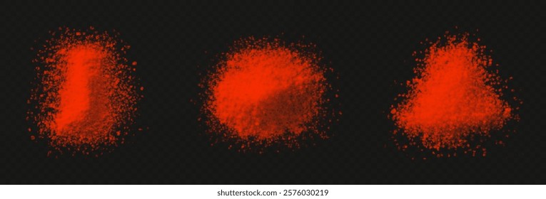 vector collection of spicy paprika textures: fine powder, coarse flakes, and scattered piles. High-quality on black background, ideal for culinary, design, or food-related projects. Bold and vibrant.