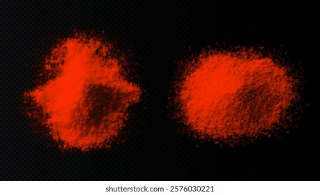 vector collection of spicy paprika textures: fine powder, coarse flakes, and scattered piles. High-quality on black background, ideal for culinary, design, or food-related projects. Bold and vibrant.