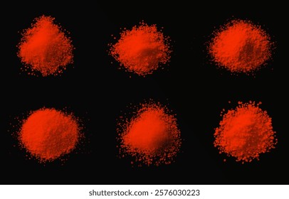 vector collection of spicy paprika textures: fine powder, coarse flakes, and scattered piles. High-quality on black background, ideal for culinary, design, or food-related projects. Bold and vibrant.