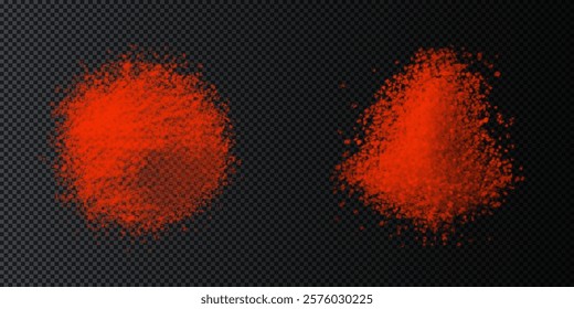 vector collection of spicy paprika textures: fine powder, coarse flakes, and scattered piles. High-quality on black background, ideal for culinary, design, or food-related projects. Bold and vibrant.