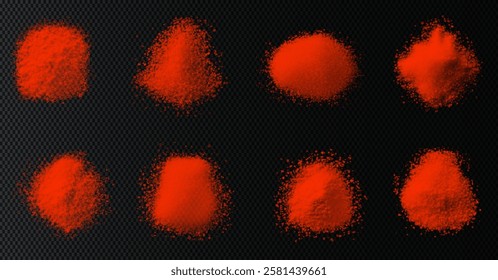 vector collection of spicy paprika textures: fine powder, coarse flakes, and scattered piles. High-quality on black background, ideal for culinary, design, or food-related projects. Bold and vibrant.